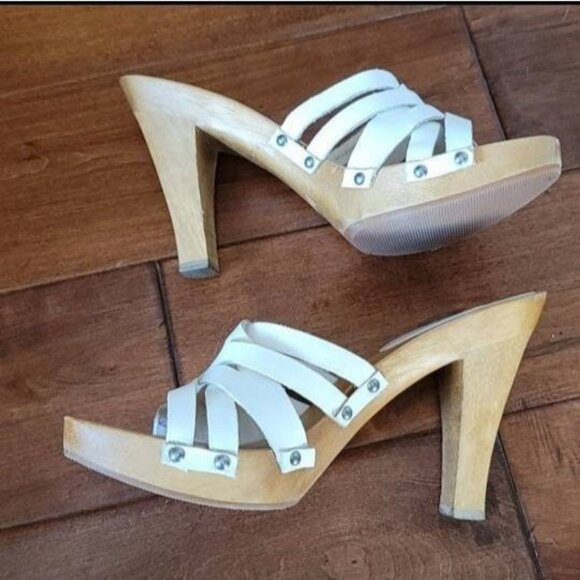 Vintage Mia White Leather and Wood Slip on Heels Shoes Sandals Sz 8 Strappy 90's - Picture 3 of 6